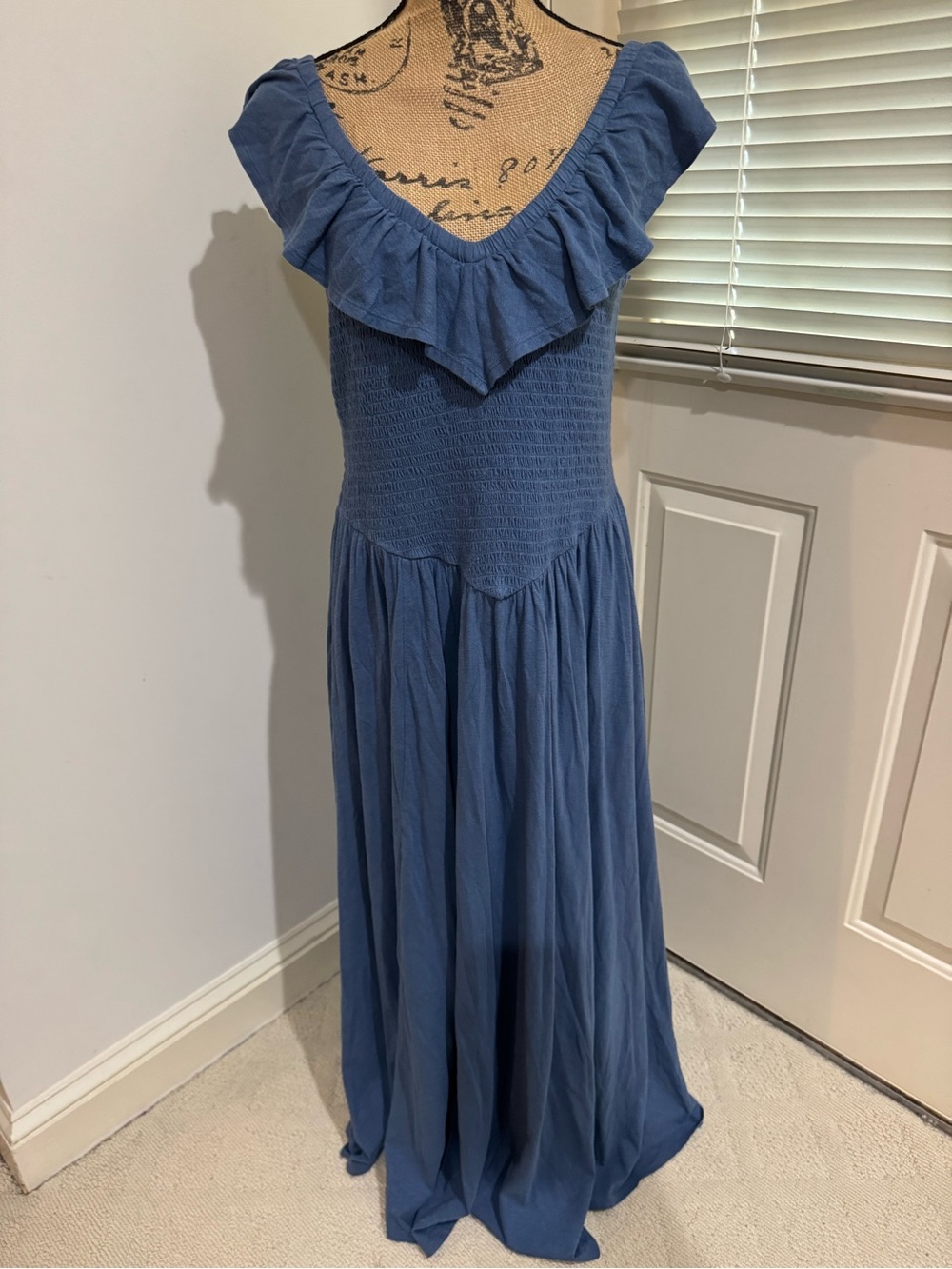 American Eagle Outfitters Blue Ruffle-Trim Maxi cotton Dress